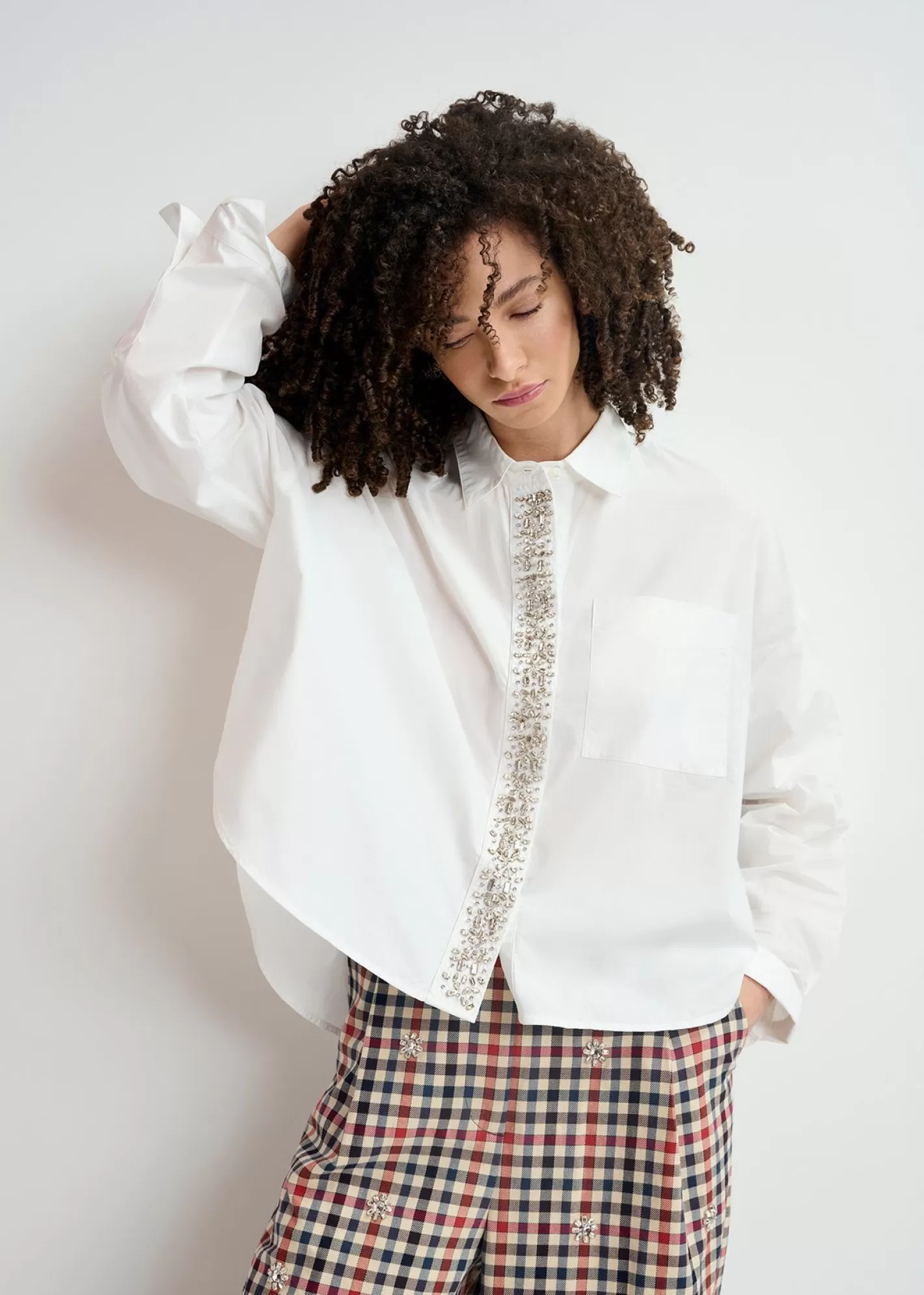 Fashion White cotton shirt with embellished button placket Tops & Blouses