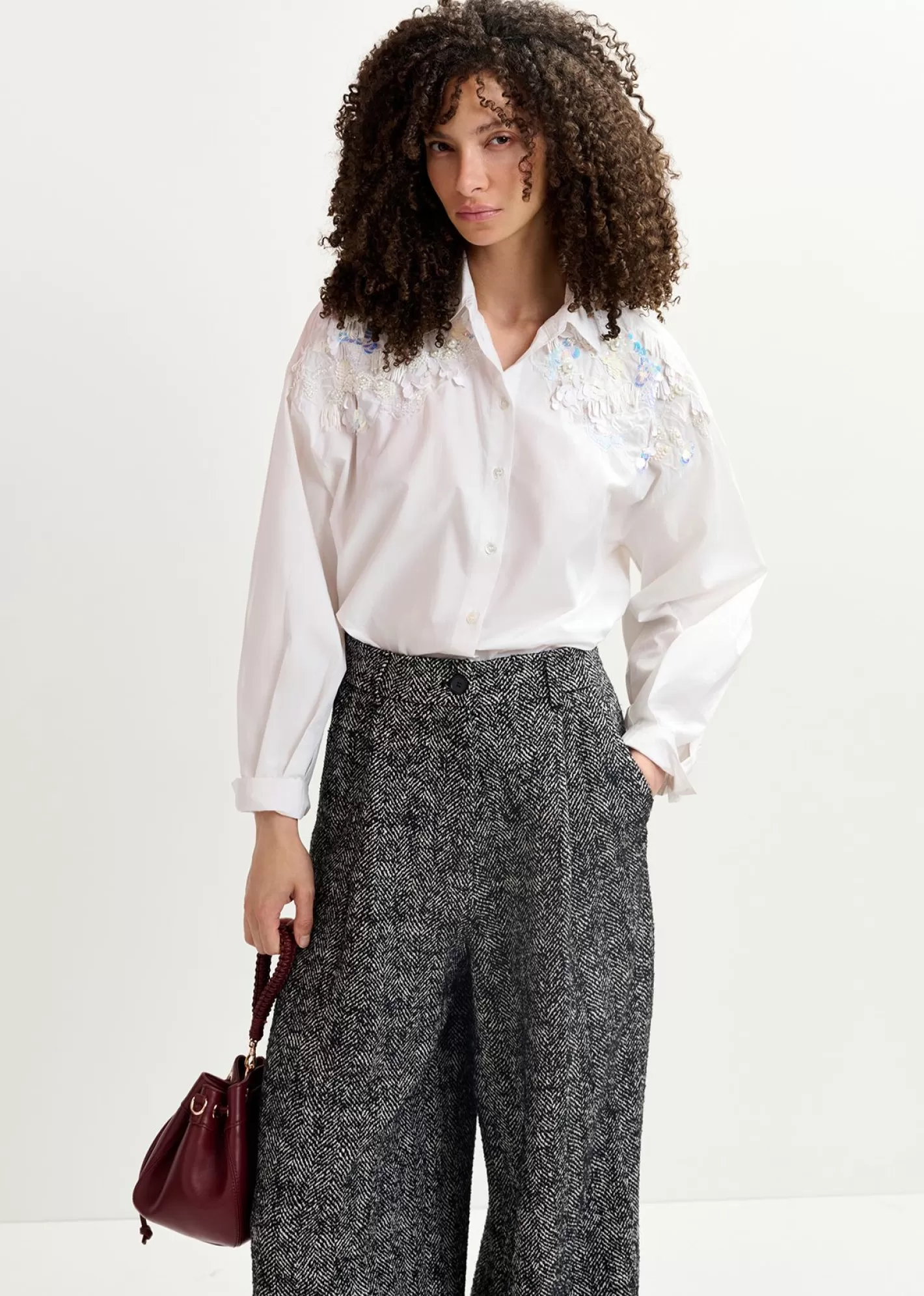 Outlet cotton shirt with sequin and beaded embroideries Fall 2024 Collection | Tops & Blouses