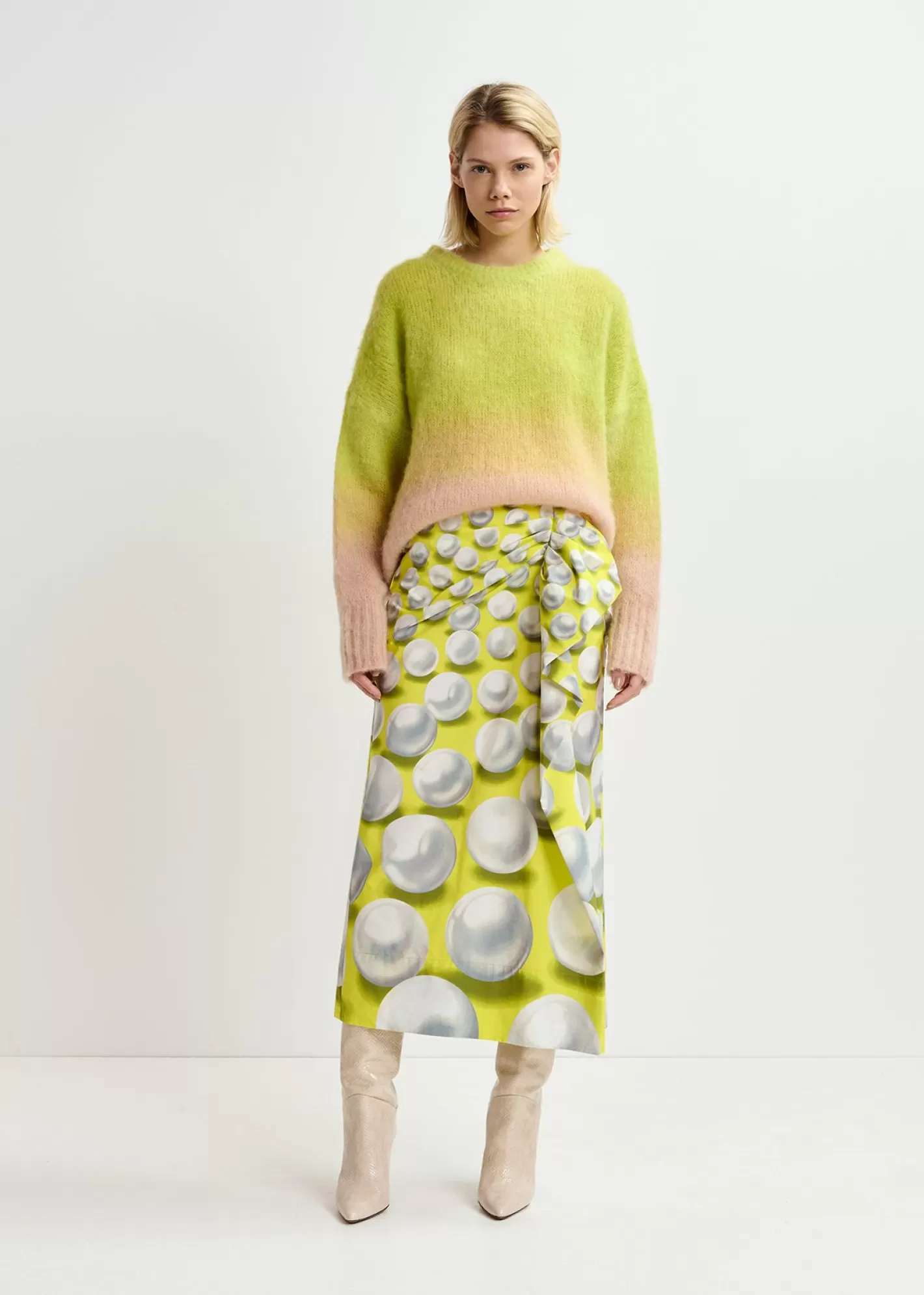 Cheap Yellow draped midi skirt with graphic print Fall 2024 Collection | Partywear