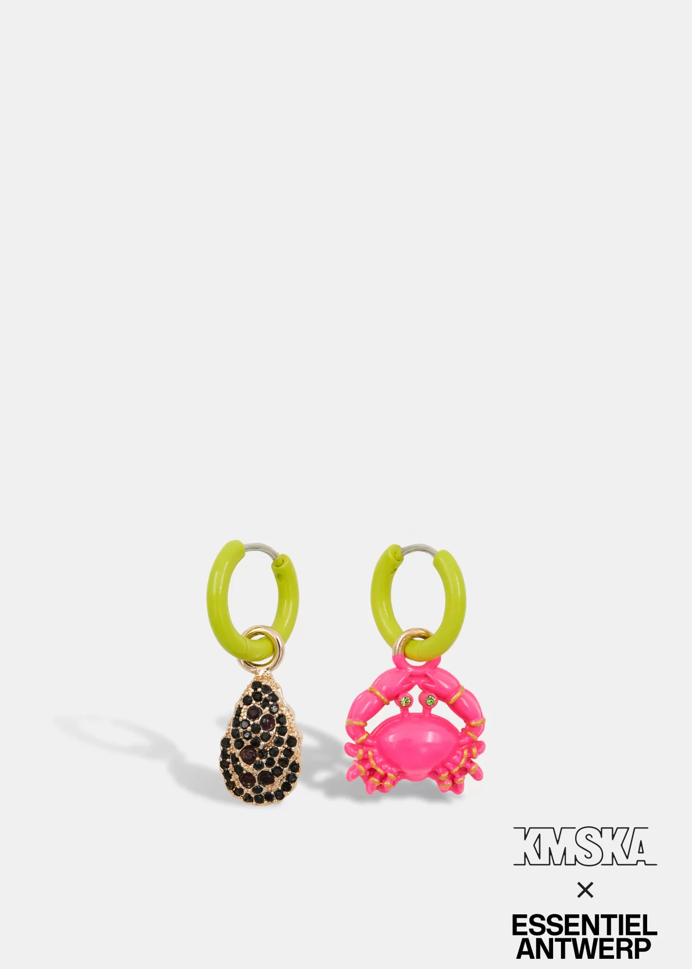 Shop Yellow hoop earrings with oyster and crab pendants - collaboration with KMSKA KMSKA X Essentiel Antwerp | Jewelry